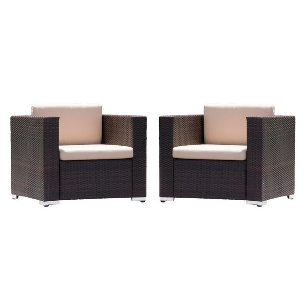 Orene Outdoor Chair Set of 2, Brown Rattan, Tan Waterproof Fabric -BM335444