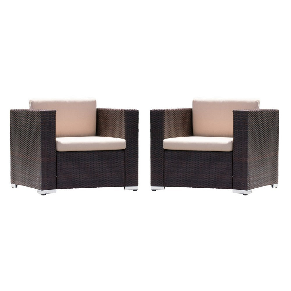 Orene Outdoor Chair Set of 2, Brown Rattan, Tan Waterproof Fabric -BM335444
