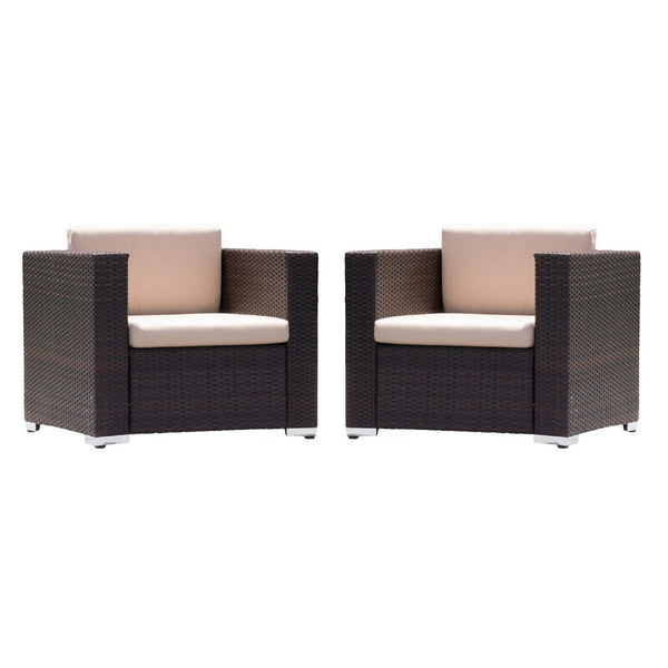 Orene Outdoor Chair Set of 2, Brown Rattan, Tan Waterproof Fabric -BM335444