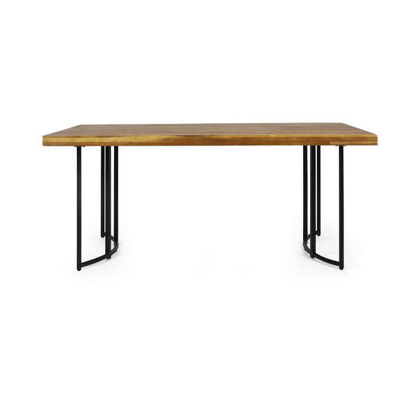 Niyan Outdoor Dining Table, Brown Wood Top, Black Metal Base, 72 Inch -BM335447