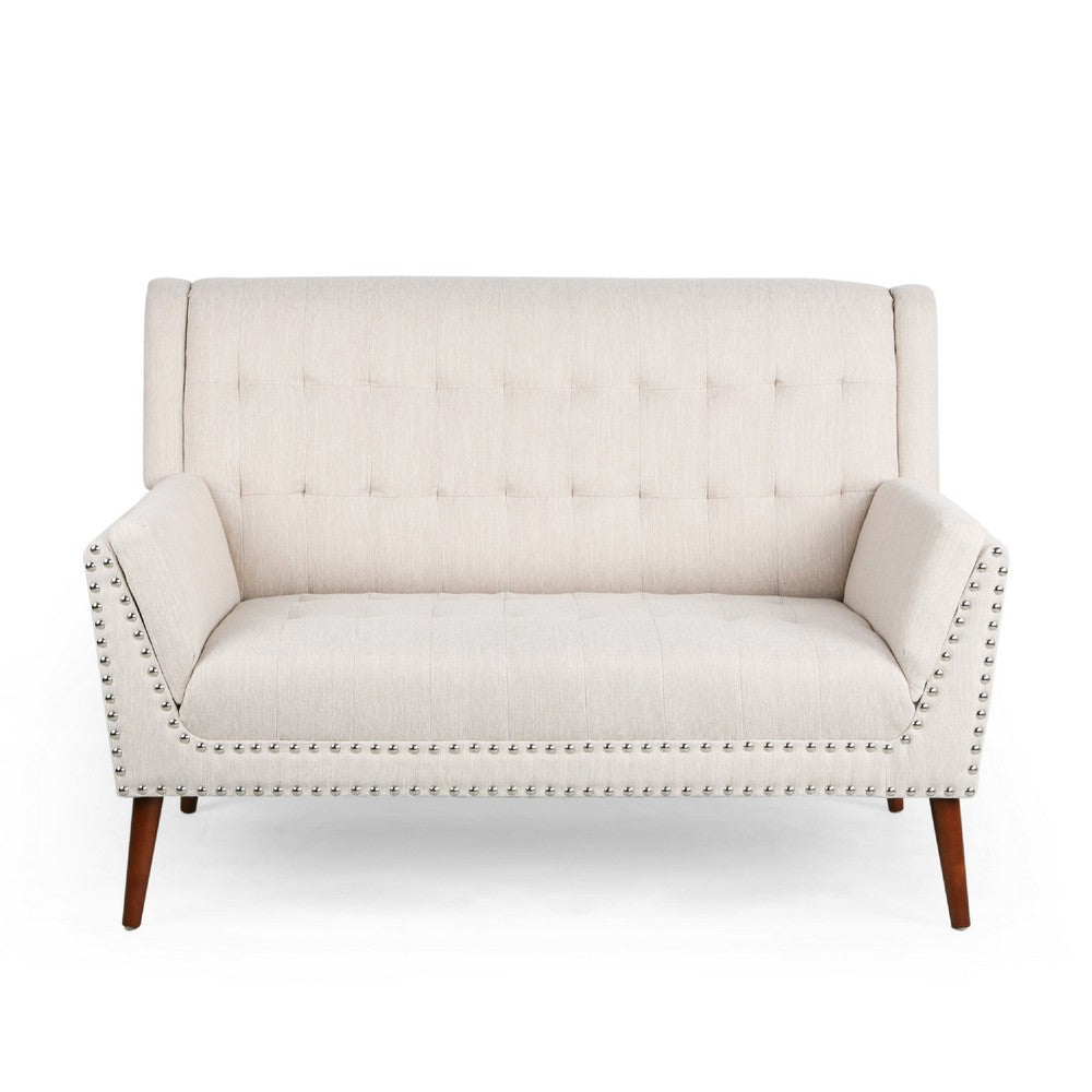 Loveseat, Beige Button Tufted Fabric, Retro Brown Solid Wood, 57 Inch -BM335451