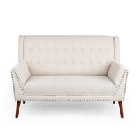 Loveseat, Beige Button Tufted Fabric, Retro Brown Solid Wood, 57 Inch -BM335451