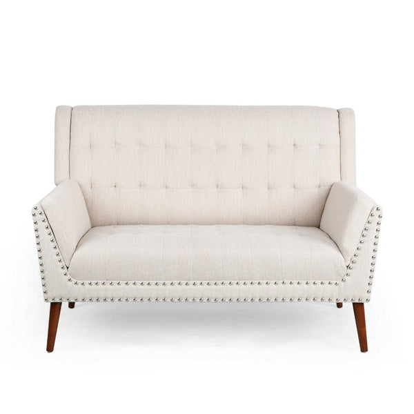 Loveseat, Beige Button Tufted Fabric, Retro Brown Solid Wood, 57 Inch -BM335451