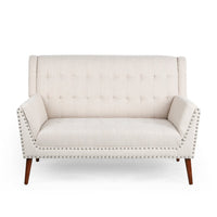 Loveseat, Beige Button Tufted Fabric, Retro Brown Solid Wood, 57 Inch -BM335451