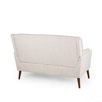 Loveseat, Beige Button Tufted Fabric, Retro Brown Solid Wood, 57 Inch -BM335451