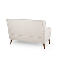 Loveseat, Beige Button Tufted Fabric, Retro Brown Solid Wood, 57 Inch -BM335451