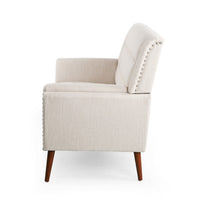 Loveseat, Beige Button Tufted Fabric, Retro Brown Solid Wood, 57 Inch -BM335451