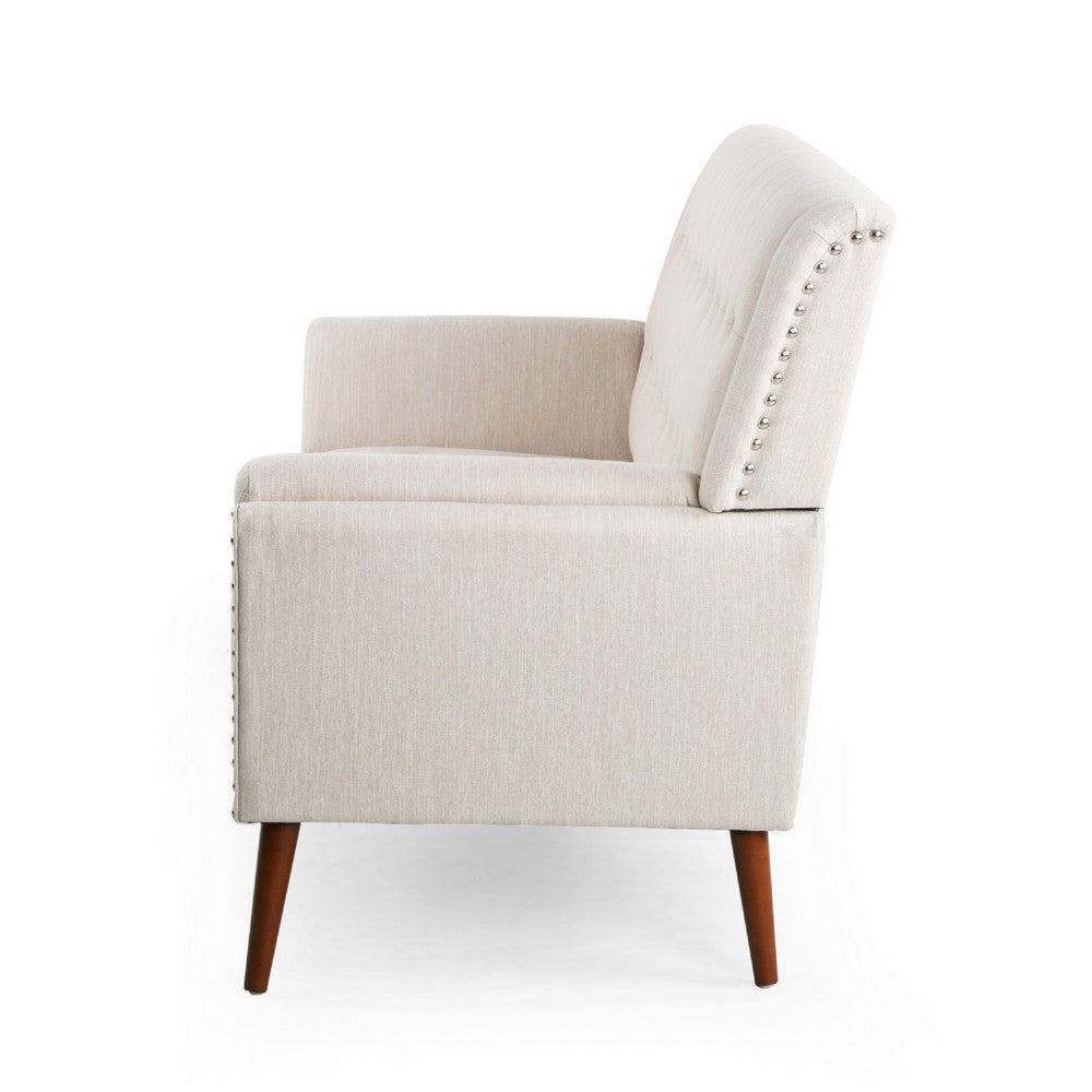 Loveseat, Beige Button Tufted Fabric, Retro Brown Solid Wood, 57 Inch -BM335451