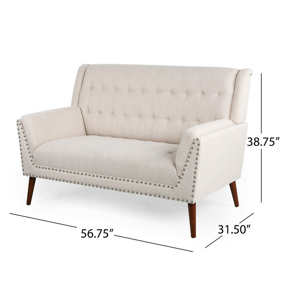Loveseat, Beige Button Tufted Fabric, Retro Brown Solid Wood, 57 Inch -BM335451