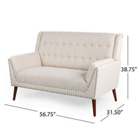 Loveseat, Beige Button Tufted Fabric, Retro Brown Solid Wood, 57 Inch -BM335451