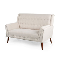 Loveseat, Beige Button Tufted Fabric, Retro Brown Solid Wood, 57 Inch -BM335451