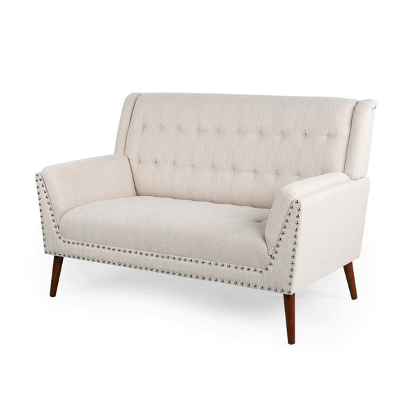 Loveseat, Beige Button Tufted Fabric, Retro Brown Solid Wood, 57 Inch -BM335451