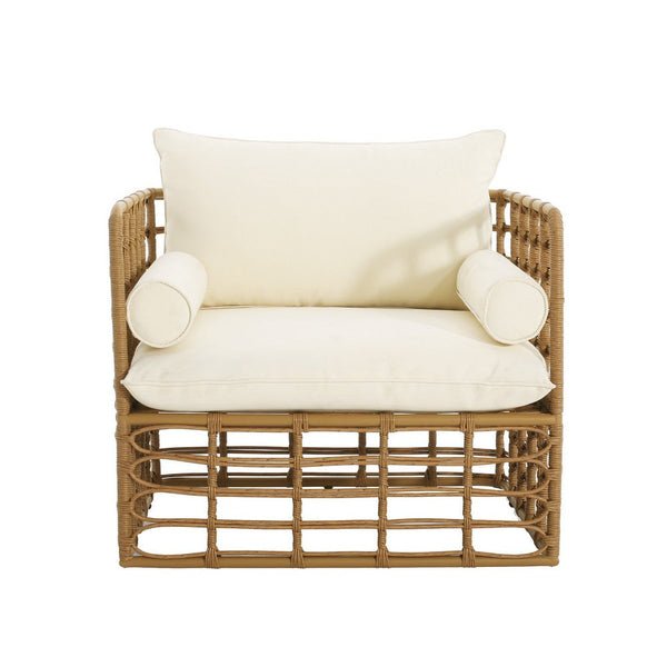 Outdoor Club Chair, White Fabric, Light Brown Faux Rattan, Iron -BM335455