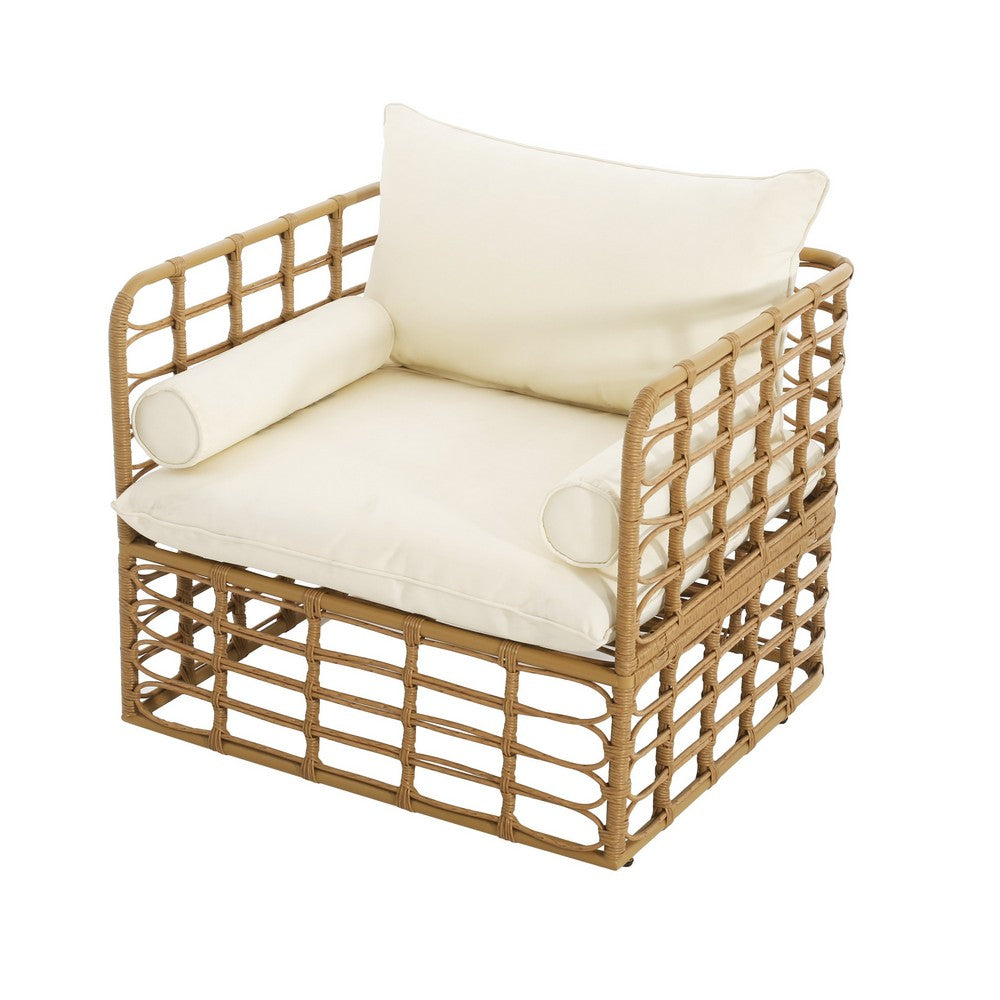 Outdoor Club Chair, White Fabric, Light Brown Faux Rattan, Iron -BM335455