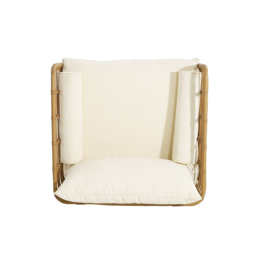 Outdoor Club Chair, White Fabric, Light Brown Faux Rattan, Iron -BM335455