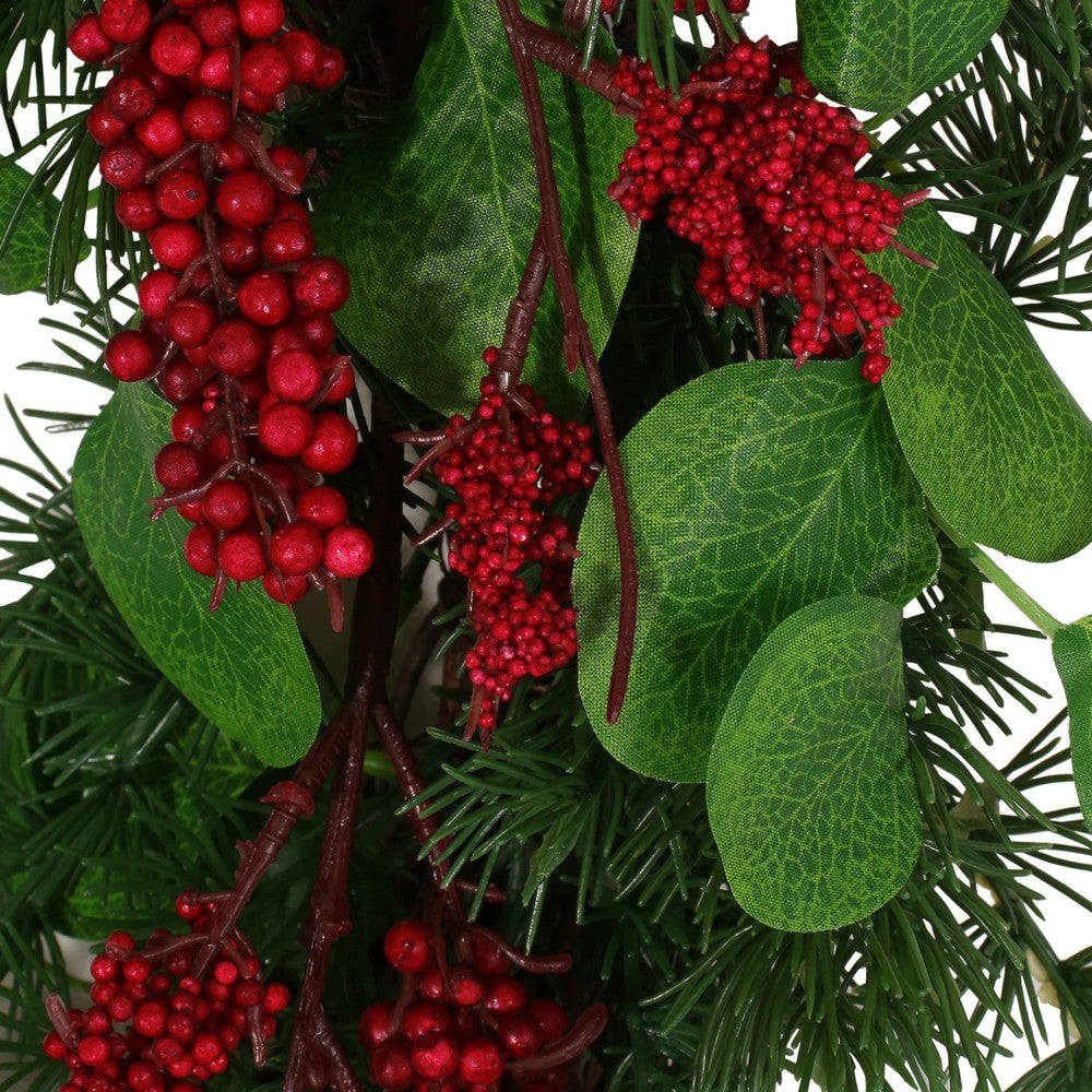 Jay Hanging Berry Wreath, Red Green Faux Eucalyptus Leaves 26 Inch -BM335461