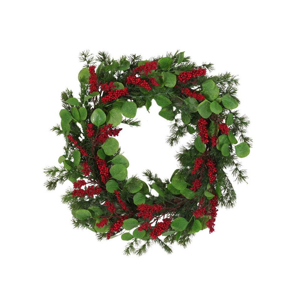 Jay Hanging Berry Wreath, Red Green Faux Eucalyptus Leaves 26 Inch -BM335461