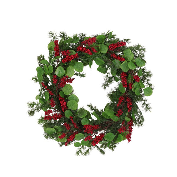 Jay Hanging Berry Wreath, Red Green Faux Eucalyptus Leaves 26 Inch -BM335461