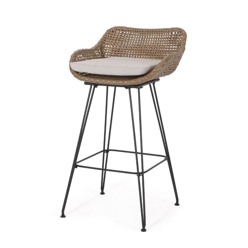 Outdoor Barstool Chair Set of 2, Beige Fabric, Brown Rattan, Black -BM335463