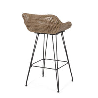 Outdoor Barstool Chair Set of 2, Beige Fabric, Brown Rattan, Black -BM335463