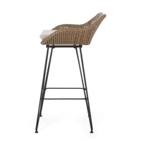 Outdoor Barstool Chair Set of 2, Beige Fabric, Brown Rattan, Black -BM335463
