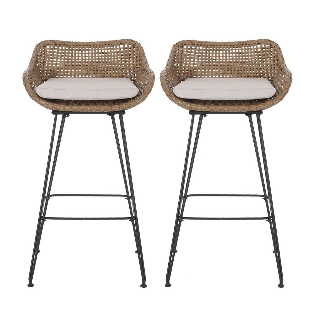 Outdoor Barstool Chair Set of 2, Beige Fabric, Brown Rattan, Black -BM335463