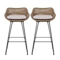 Outdoor Barstool Chair Set of 2, Beige Fabric, Brown Rattan, Black -BM335463
