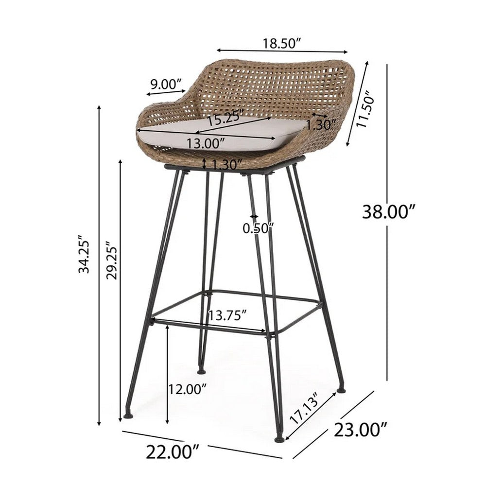 Outdoor Barstool Chair Set of 2, Beige Fabric, Brown Rattan, Black -BM335463