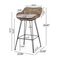 Outdoor Barstool Chair Set of 2, Beige Fabric, Brown Rattan, Black -BM335463