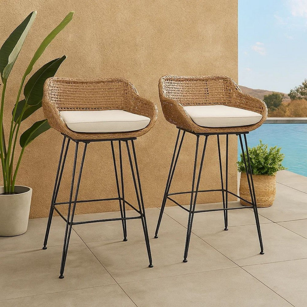 Outdoor Barstool Chair Set of 2, Beige Fabric, Brown Rattan, Black -BM335463
