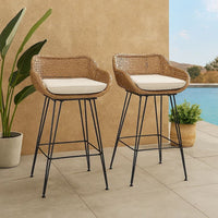 Outdoor Barstool Chair Set of 2, Beige Fabric, Brown Rattan, Black -BM335463