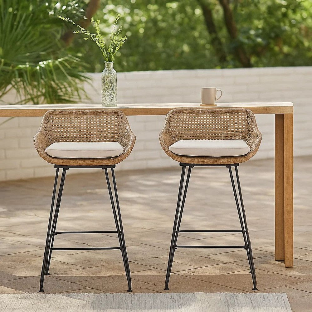 Outdoor Barstool Chair Set of 2, Beige Fabric, Brown Rattan, Black -BM335463