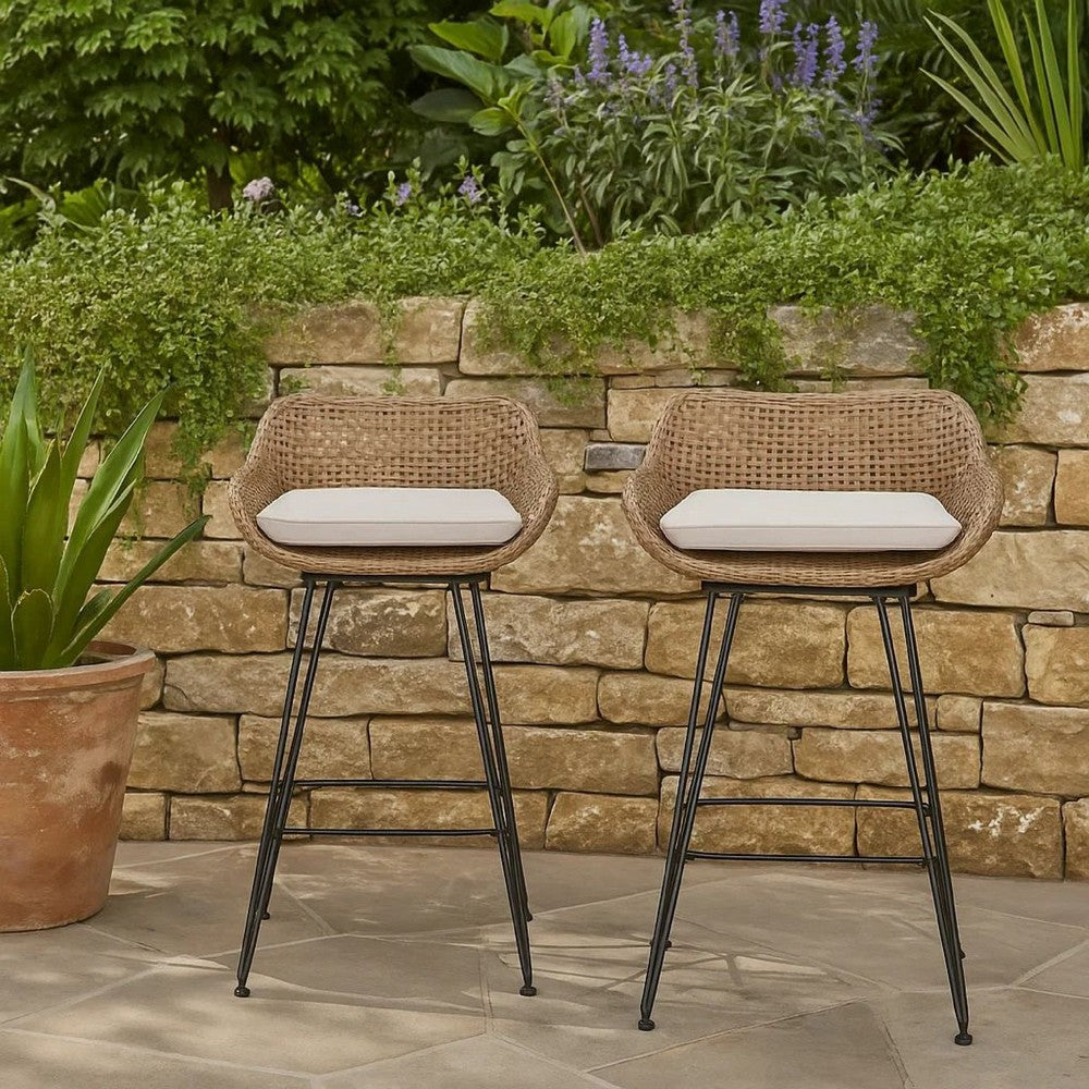 Outdoor Barstool Chair Set of 2, Beige Fabric, Brown Rattan, Black -BM335463