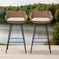 Outdoor Barstool Chair Set of 2, Beige Fabric, Brown Rattan, Black -BM335463