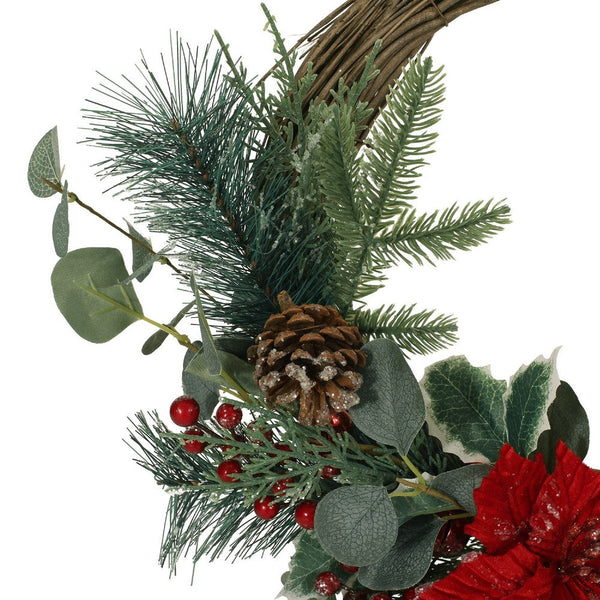 Half Wreath, Faux Poinsettia Berry Eucalyptus, Red and Green 24 Inch -BM335468