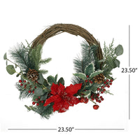 Half Wreath, Faux Poinsettia Berry Eucalyptus, Red and Green 24 Inch -BM335468