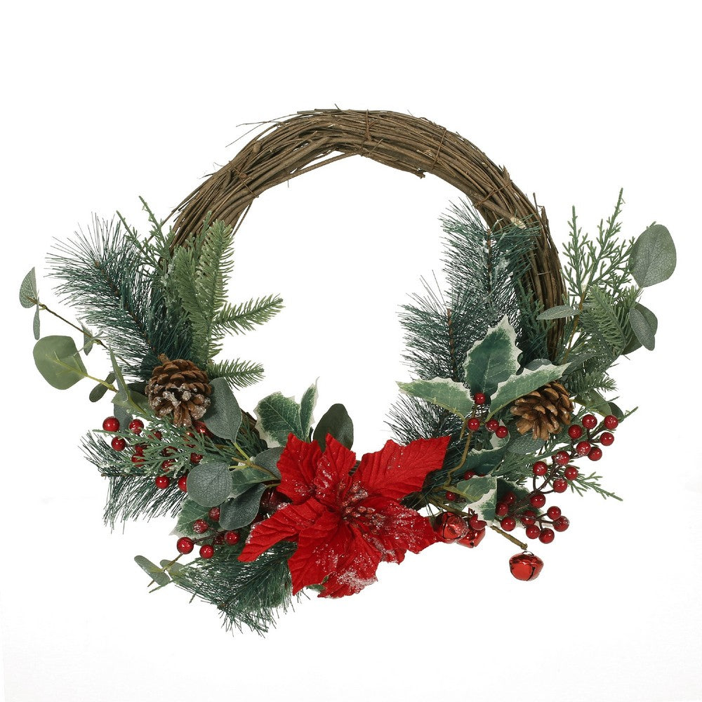 Half Wreath, Faux Poinsettia Berry Eucalyptus, Red and Green 24 Inch -BM335468
