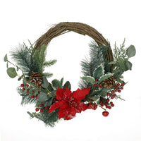 Half Wreath, Faux Poinsettia Berry Eucalyptus, Red and Green 24 Inch -BM335468