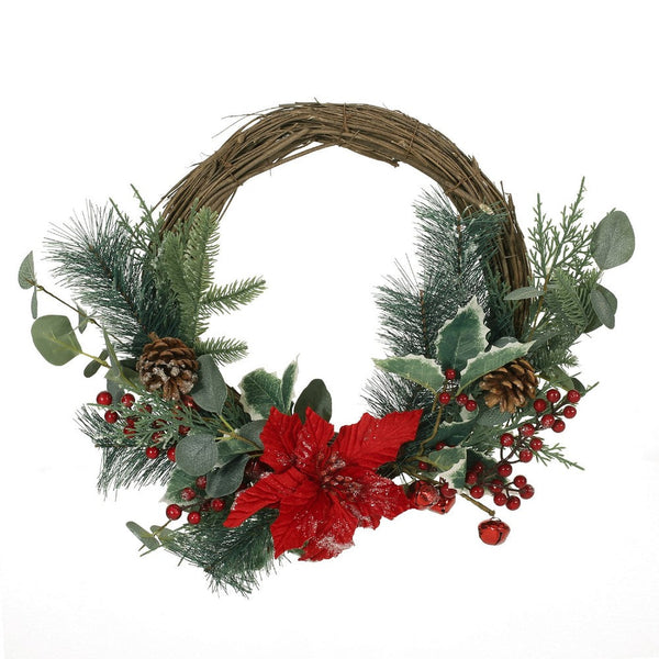 Half Wreath, Faux Poinsettia Berry Eucalyptus, Red and Green 24 Inch -BM335468