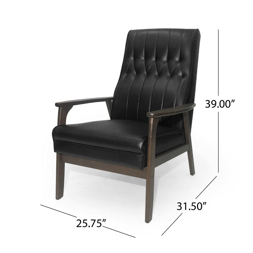 Accent Armchair, Tufted Matte Black Faux Leather, Brown Wood Frame -BM335470
