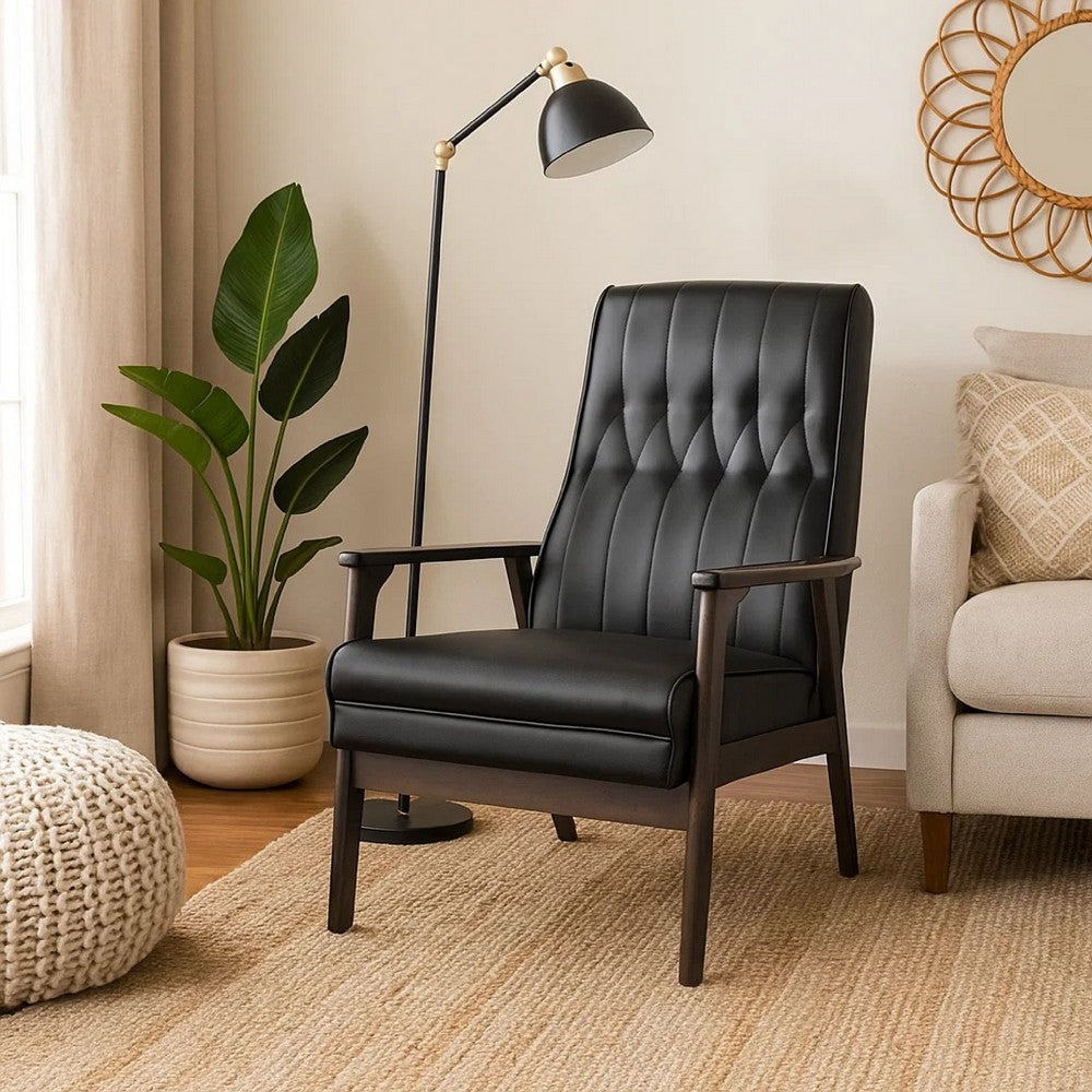 Accent Armchair, Tufted Matte Black Faux Leather, Brown Wood Frame -BM335470