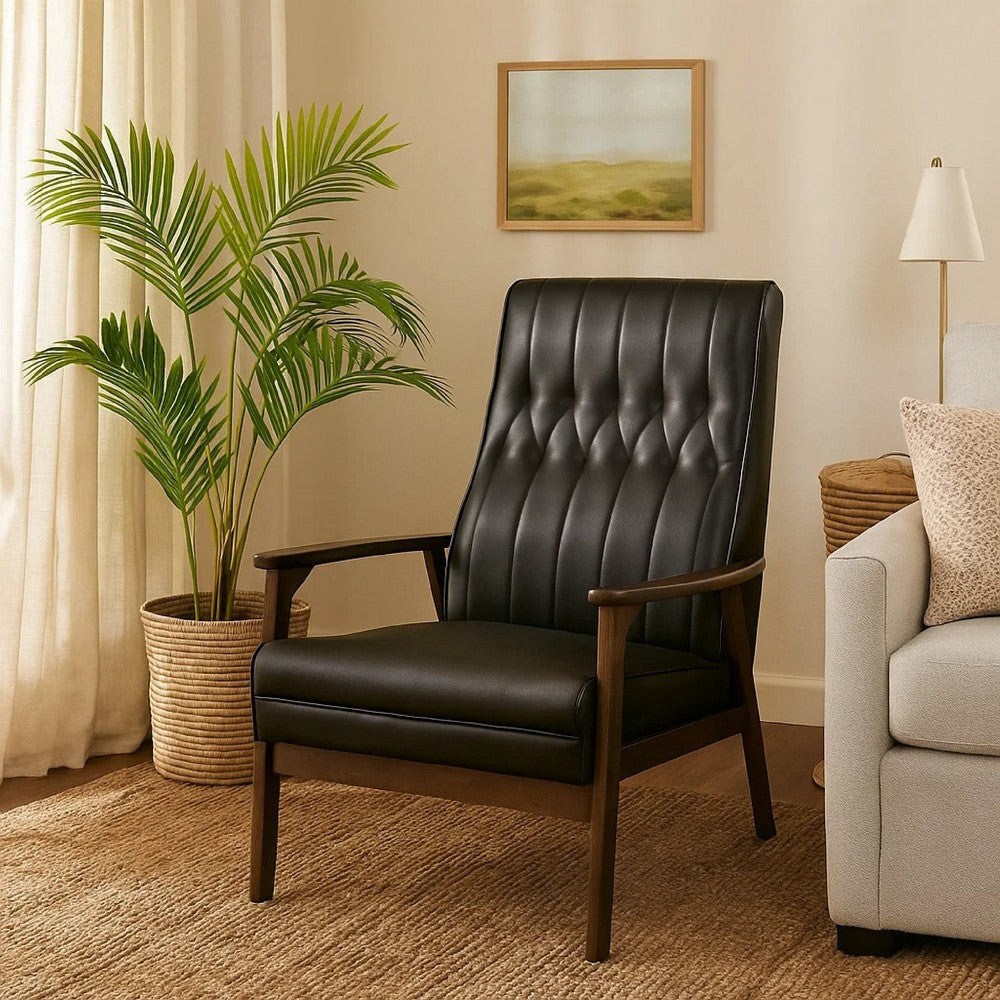 Accent Armchair, Tufted Matte Black Faux Leather, Brown Wood Frame -BM335470