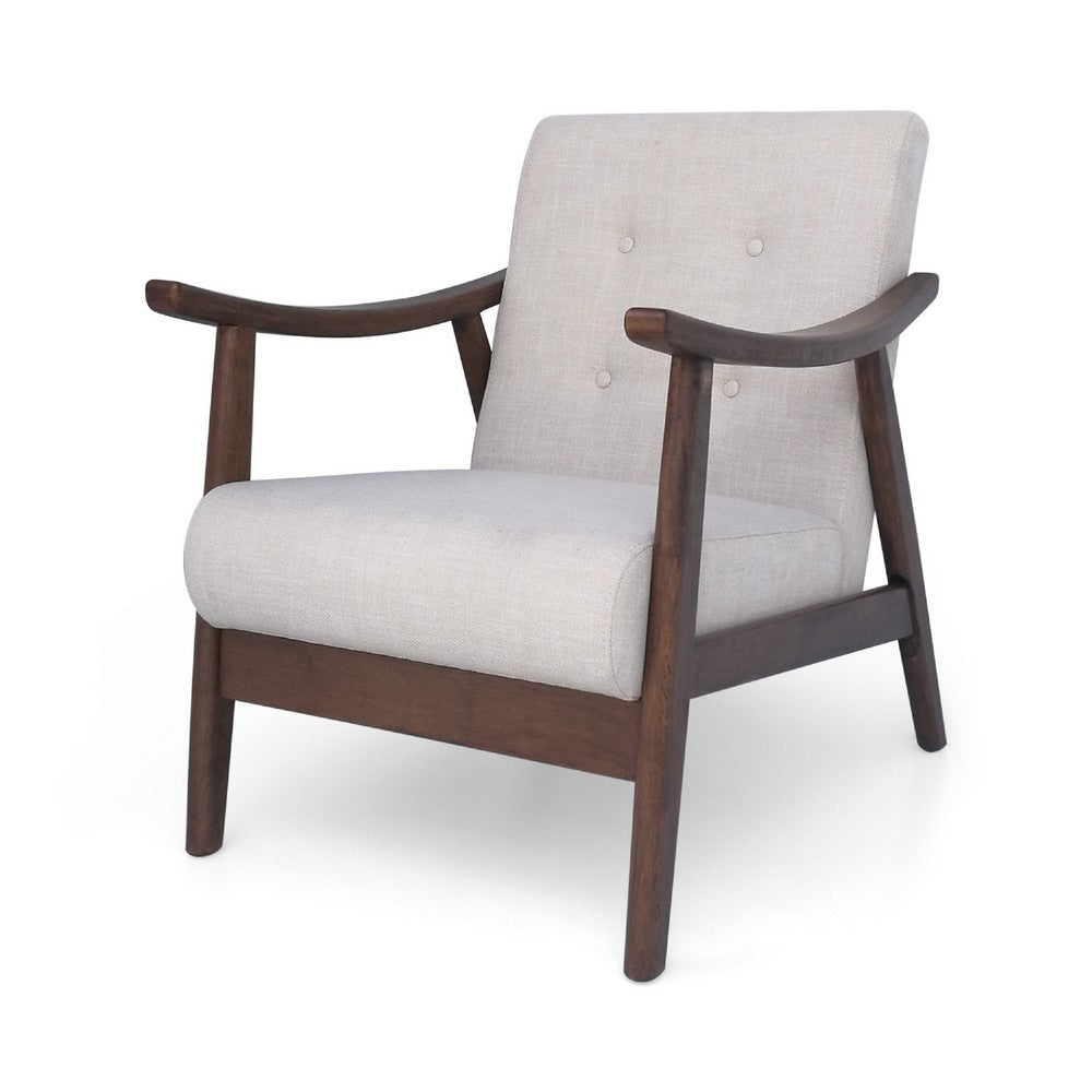 Accent Armchair, Soft Button Tufted Beige Fabric, Dark Brown Wood -BM335473