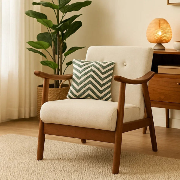 Accent Armchair, Soft Button Tufted Beige Fabric, Dark Brown Wood -BM335473