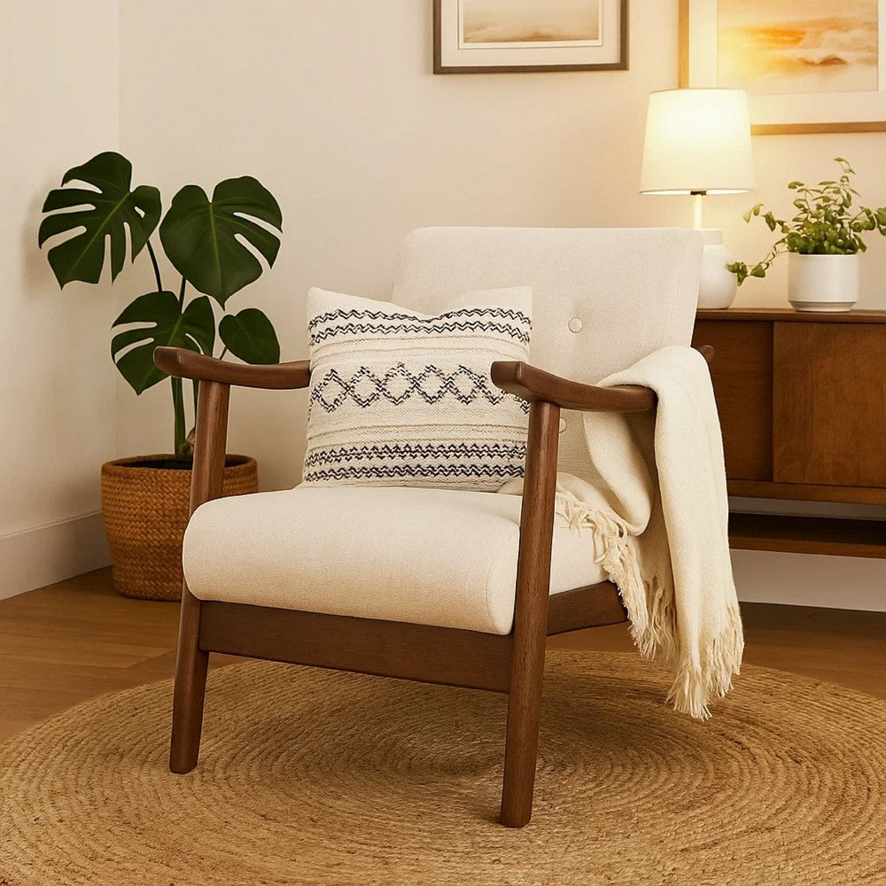 Accent Armchair, Soft Button Tufted Beige Fabric, Dark Brown Wood -BM335473