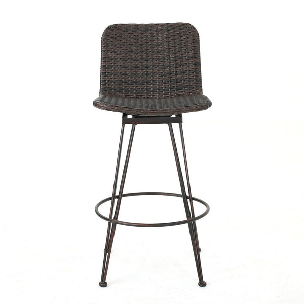Outdoor Bar Height Chair Set of 2, Brown Rattan, Industrial Metal -BM335474