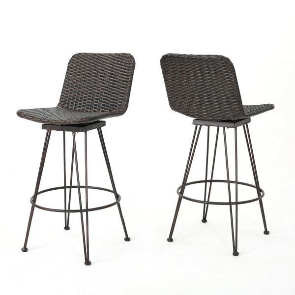 Outdoor Bar Height Chair Set of 2, Brown Rattan, Industrial Metal -BM335474
