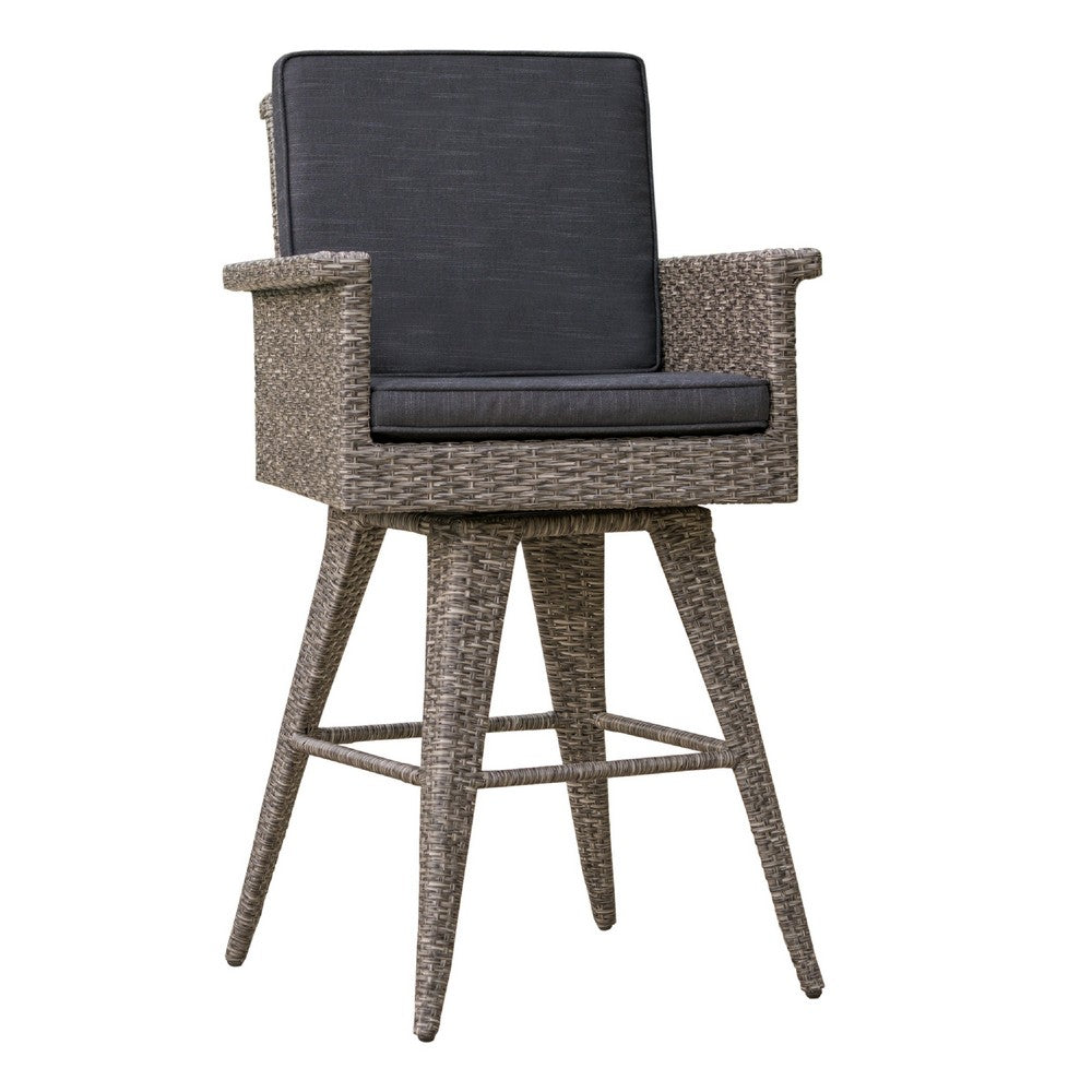 Outdoor Barstool Chair, Gray Black Wicker Rattan, Polyester Cushions -BM335476