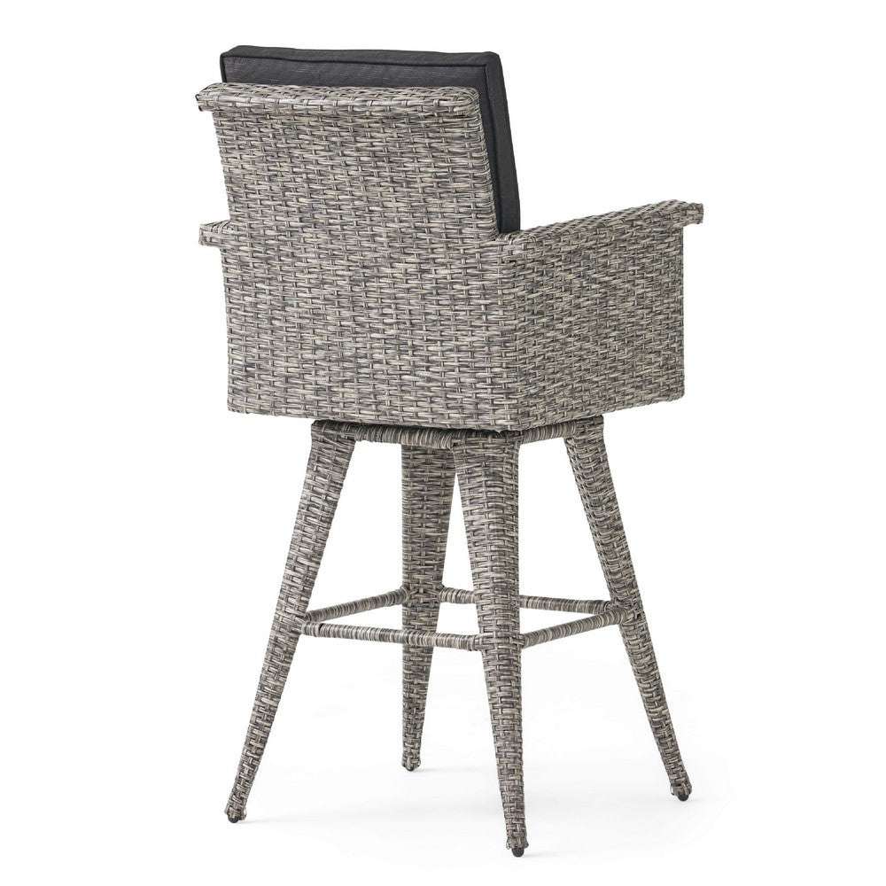 Outdoor Barstool Chair, Gray Black Wicker Rattan, Polyester Cushions -BM335476