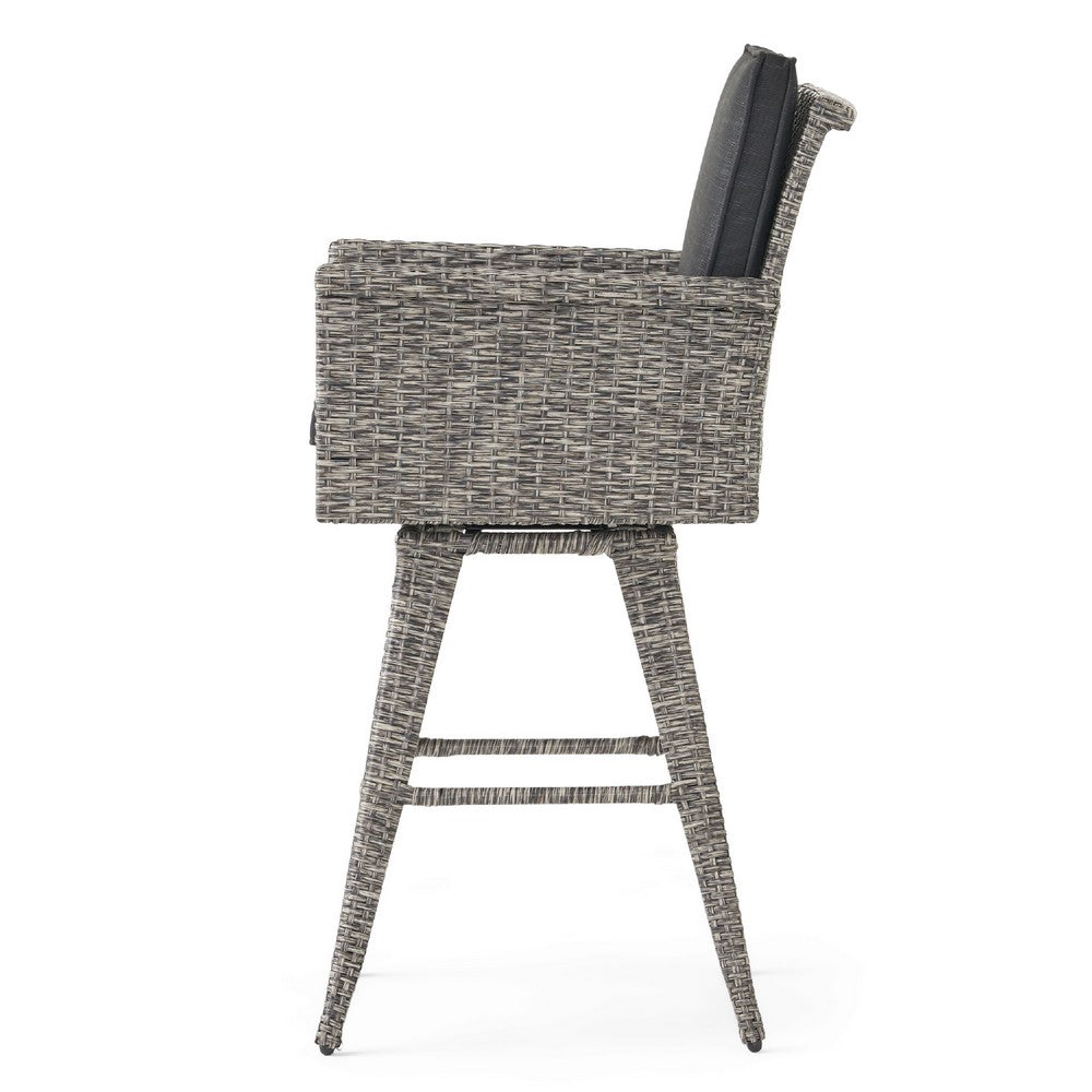 Outdoor Barstool Chair, Gray Black Wicker Rattan, Polyester Cushions -BM335476
